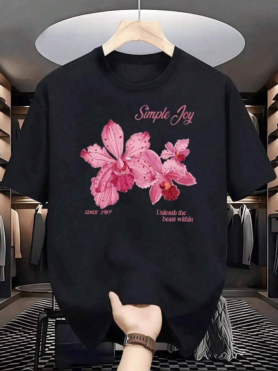 Pink Orchid Flowers That Convey Simple Joy And Positive Energy, Inspiring Well-Being And Inner Calm With Delicate Details And Vibrant Colors. T-Shirt, 100% Cotton, 220g - 黑色 - 查看 1