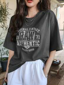 Camiseta de verano de estilo oversize con gráfico de letra y hombros caídos - Blanco - Ver 8