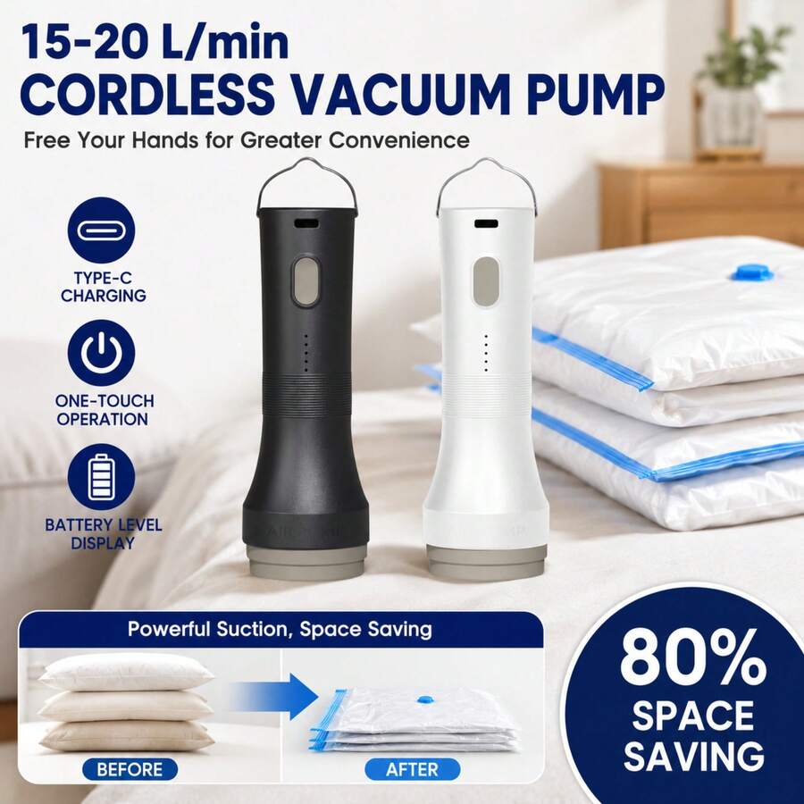 2 Colors Available Black & White Universal Electric Vacuum Pump For Compression Bags, USB Rechargeable Air Pump Built-In 1500mAh Battery, Portable Handheld Design For Easy Operation, Perfect For Sealing Clothing Storage Bags, Space-Saving Vacuum Pumping Tool, Storage Bags Not Included