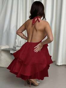 Vestido de vuelo con cuello halter, espalda descubierta y dobladillo con volantes de organza blanco, elegante y romántico para el Día de San Valentín - Vestido de muñeca de fantasía - Rojo - Ver 2