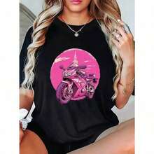 New Women's Pink Motorcycle Print T-Shirt - "I'm ASuper" Design, Short Sleeves, Crew Neck, Stretch Fabric, Casual Summer Top For Women, Clothing For Motorcycle Enthusiasts. | Fun Print T-Shirt | Shiny Fabric T-Shirt - Unisex Vintage Urban Style, Cotton, Short Sleeve, Crew Neck - 黑色 - 查看 2