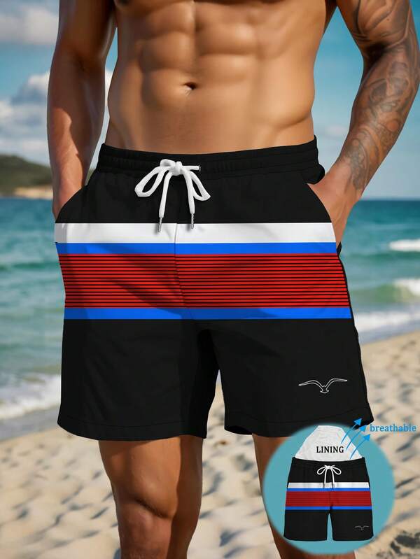 Men's Quick Dry Double Layer Mesh Lined Beach Shorts, Holiday Casual Outdoor Art Seagull Contrast Color 3D Digital Print Pattern, Elastic Waist With Drawstring, Suitable For Casual Daily Wear And Beach