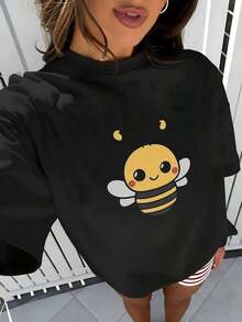 Fashion Printed T‑Shirts for Women, Oversized Streetwear Tops, Comfortable and Stylish All‑Match Summer TeesAbeja sonriente con mejillas rojas que transmite alegría y energía positiva símbolo de trabajo en equipo y dulzura camiseta para mujer algodón suave y cómoda - Negro - Ver 6