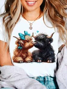 1 pieza Adorable Camiseta con Estampado de Vaca de las Tierras Altas - Diseño Romántico y a Juego para Parejas, Regalo Perfecto para Amantes de los Ganados de las Tierras Altas y Celebraciones de Aniversario, Estilo Casual de Verano, Tela Suave, Cuello Redondo, Ropa Casual de Verano| Camiseta de Pareja a Juego| Suave 180g 100% Algodón suave - Blanco - Ver 12