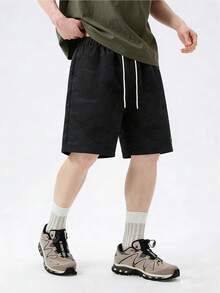 Men's Summer Quick-Dry Breathable Camo Casual Shorts, Small Logo Elastic Drawstring Waist Loose Straight Leg Bermuda Shorts, Suitable For Running, Fitness, Outdoor Activities - Black - View 4