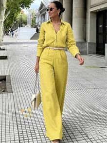 2 piezas Conjunto de ropa de verano elegante para mujer, ropa de verano casual ajustada, disfraz de carnaval que incluye camisa tipo cárdigan y pantalones de pierna ancha de cintura elástica, conjunto de Día de San Patricio para damas - Amarillo - Ver 7