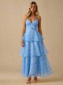 Vestido sin espalda sin mangas con estampado todo sobre todo de verano para mujer - Celeste - Ver 5