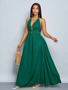 xheSOLERSUN Vestido largo de mujer de unicolor con escote halter en V, para vacaciones y playa, con espalda cruzada y anudada, para vacaciones y salidas a la playaxhe - Verde Oscuro - Ver 4