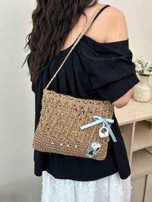 Túi đeo chéo đi biển bằng rơm đan tay, dung tích lớn, đa năng, phong cách mùa hè, thích hợp cho những dịp thường ngày. - Màu Khaki - Xem 7
