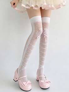 1 đôi tất dài quá đầu gối dễ thương kiểu JK Lolita in họa tiết nơ, mỏng, chất liệu lụa băng, thích hợp mặc hàng ngày trong mùa hè. - trắng - Xem 5