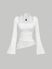 Women's Knit Lace Patchwork Asymmetrical Hem Ruched Choker Neck Lace Trim Tie-Up Waist Blouse - Blanco - Ver 1