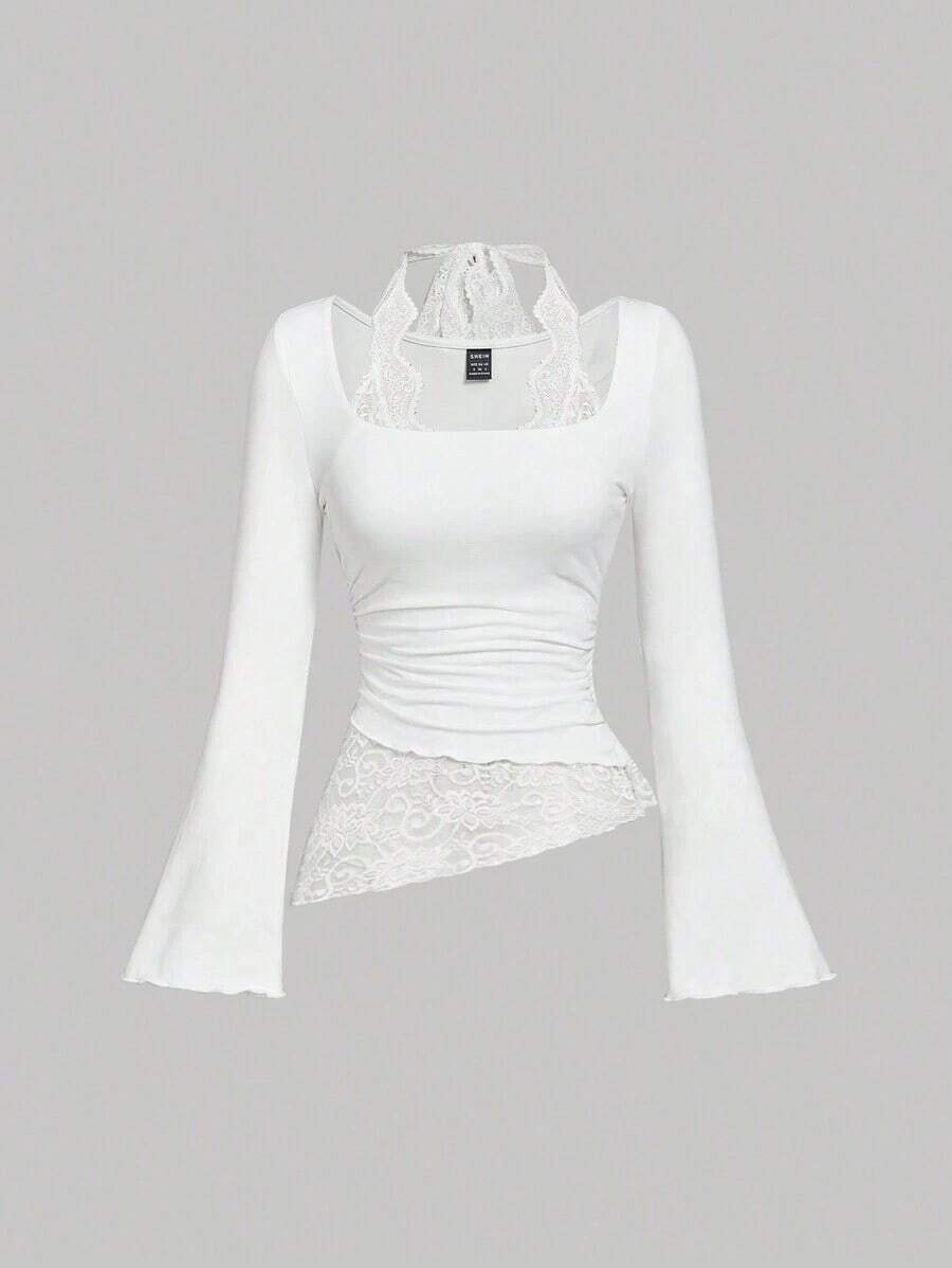 Women's Knit Lace Patchwork Asymmetrical Hem Ruched Choker Neck Lace Trim Tie-Up Waist Blouse - Blanco - Ver 1