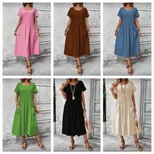 Women's Casual Loose Short-Sleeved Dress With Round Neck, Pleats, Two Pockets, Solid Color, Plus Size Blouse, Summer, Spring, Simple, Casual, Pocket, Vacation - 隨機顏色 - 查看 2
