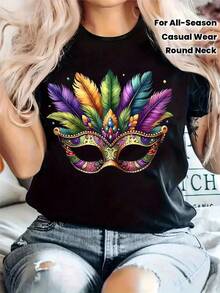 1 pieza T-shirt casual de cuello redondo y mangas cortas con dise?o estampado para mujeres, tejido ligeramente elástico, estilo estándar, camisa cómoda para todas las - Negro - Ver 1