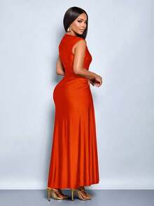 Vestido elegante de mujer con decoración de metal de unicolor, ajuste delgado, adecuado para el uso diario, compras, fiestas y reuniones - Naranja - Ver 2