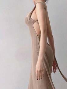 Vestido con tirantes finos y espalda descubierta para el Día de San Valentín, elegante para fiestas de primavera/verano para mujeres - Caqui - Ver 3