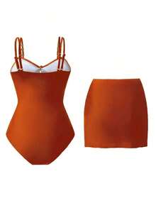 Swim Oasis 1 pieza Traje de baño de una sola pieza casual de vacaciones con decoración de pentágono lindo para mujer - Naranja - Ver 2