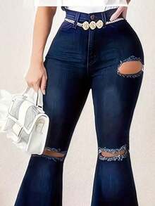 Jeans de pierna acampanada con detalles rasgados y decoración de botones, estilo de moda callejera para mujer, casual de primavera - Azul - Ver 3