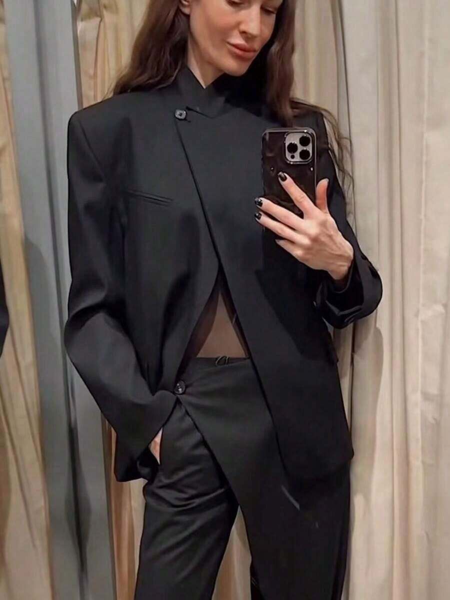 TF.MLN Chaqueta blazer de mujer de unicolor de manga larga y abotonadura sencilla, abrigo de cuello alto de moda vintage profesional para mujer, para otoño y primavera - Negro - Ver 1