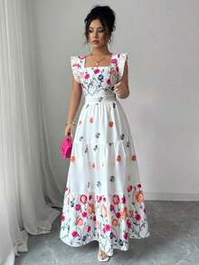 Vestido informal largo con diseño de cuello cuadrado, mangas de campana y cintura ceñida con estampado multicolor, ideal para vacaciones - Multicolor - Ver 6