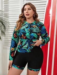 Swim SPRTY Traje De Baño Bikini De Impresión De Plantas Tropicales De Talla Grande Para Mujeres, Traje De Baño De Manga Larga Para Playa Y Vacaciones - Multicolor 3 - Ver 3