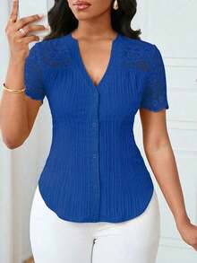 Camisa casual de mujer de unicolor y estilo simple para uso diario, verano - Azul marino - Ver 7