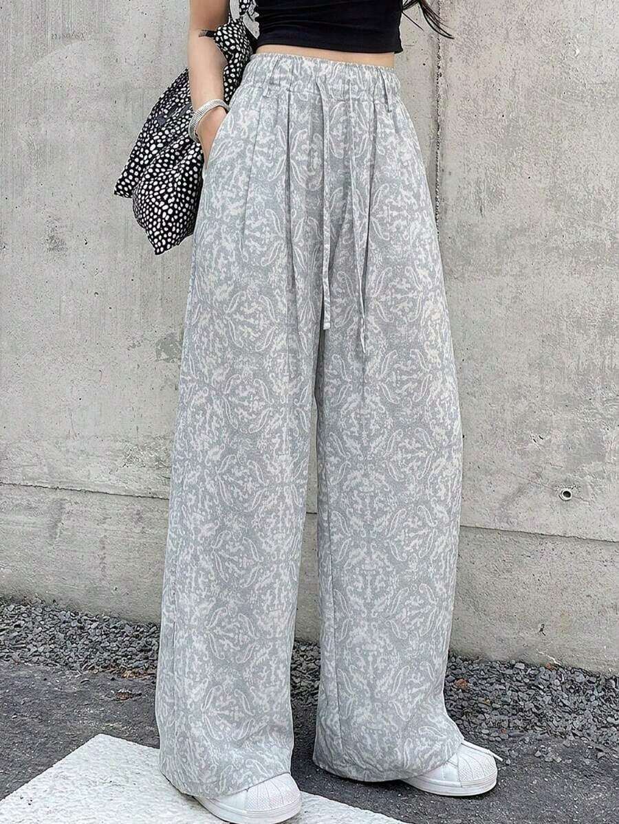 Women's Casual Solid Color Long Pants With Drawstring Waist - Gray - View 1