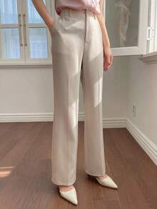 Pantalones casuales de mujer con bolsillo delantero liso, estilo casual de negocios, pantalones de vestir de mujer de talle bajo - Rosa - Ver 3