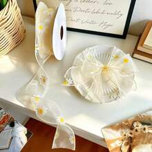 1PC 200cm Korean Daisy Chiffon Ribbon, Suitable For Gift Wrapping And Handmade Crafts, Made Of Lightweight Transparent Fabric, Printed With Delicate Daisy Floral Pattern - Nordic Warm Beige - View 3