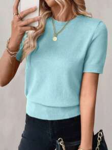 Blusa de punto de manga corta de unicolor y estilo minimalista, para uso diario - Celeste - Ver 8