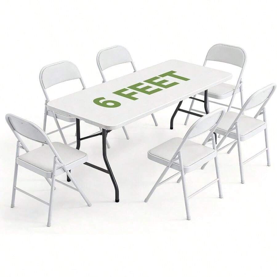 Folding Dining Table Set 6, 6FT Foldable Plastic Table With Carrying Handle 6 PU Leather Padded Folding Chairs, Portable Table And Chairs Set Indoor Outdoor, Party, Wedding, Picnic, Camping - White + 6FT - View 1