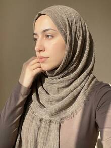 1pc Lightweight Solid Color Casual Riffled Hijab, Suitable For Daily Use - Khaki - View 2