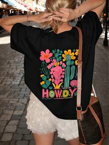 Camiseta de manga corta con cuello redondo, corte holgado, estampado sencillo con eslogan, para mujer, ideal para el verano, vacaciones y uso diario.Camiseta de Mujer.Blanco - Negro - Ver 2