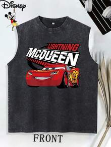 Disney Racing Story Lightning McQueen No.95 Racing Car Washed Sleeveless Printed Round Neck Casual Vest, Loose Summer Vest For Men And Women, Disney Band T-Shirt, Men's Cotton T-Shirt, Men's Vest, Men's Holiday Clothes, Father's Day Gifts, Summer, Women's Holiday Clothes, Band T-Shirt, Disney Women's T-Shirt. - 黑色 - 查看 1