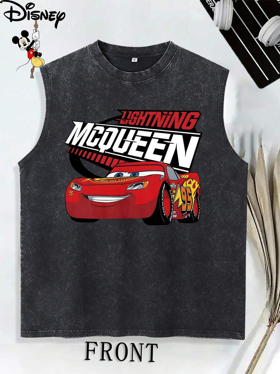Disney Racing Story Lightning McQueen No.95 Racing Car Washed Sleeveless Printed Round Neck Casual Vest, Loose Summer Vest For Men And Women, Disney Band T-Shirt, Men's Cotton T-Shirt, Men's Vest, Men's Holiday Clothes, Father's Day Gifts, Summer, Women's Holiday Clothes, Band T-Shirt, Disney Women's T-Shirt. - 黑色 - 查看 1
