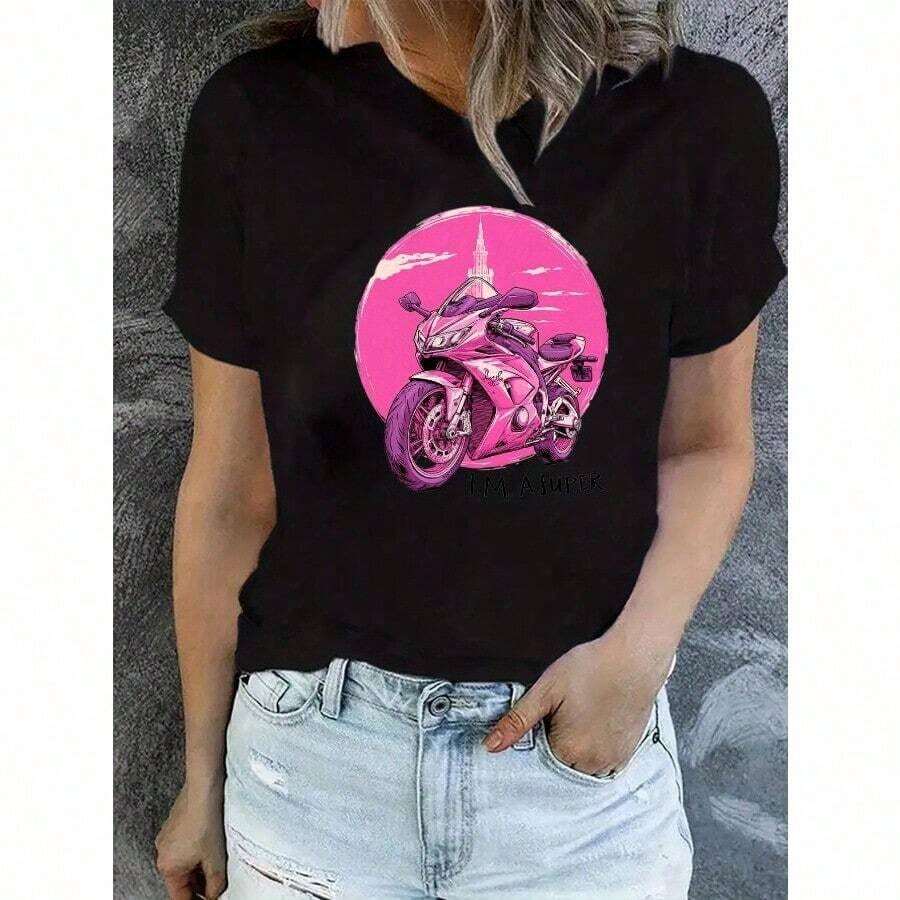 New Women's Pink Motorcycle Print T-Shirt - "I'm ASuper" Design, Short Sleeves, Crew Neck, Stretch Fabric, Casual Summer Top For Women, Clothing For Motorcycle Enthusiasts. | Fun Print T-Shirt | Shiny Fabric T-Shirt - Unisex Vintage Urban Style, Cotton, Short Sleeve, Crew Neck - 黑色 - 查看 1