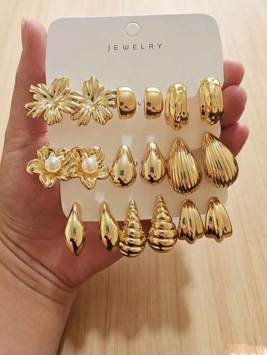 6/18 Stücke übertriebene Ewigkeitsblume, große C-förmige, fünfblättrige Blume, Schmetterling Ohrringe Set, geeignet für den täglichen und Feiertagsgebrauch, hergestellt aus ABS-Harz mit UV-beschichtetem, nicht verblassendem Gold - Gold - Übersicht 1