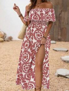 MEXBreezaya Vestido largo de hombros descubiertos con abertura en el muslo con estampado de plantas para vacaciones de verano, atuendo de playa de maxi vestido para mujeresMEX JXNW - Multicolor 11 - Ver 7