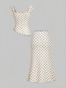 Conjunto de 2 piezas para mujer con lunares: top con dobladillo asimétrico y falda de cola de pez de cintura baja con decoración de lazo, retro, vintage, conjunto de verano de dos piezas, para invitada de boda, vacaciones, cumpleaños, concierto - Azul - Ver 2