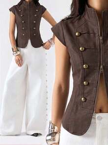 Chaqueta de mujer con cuello Mao estilo retro, adecuada para ir al trabajo - Marrón - Ver 8