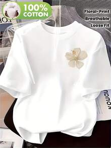 Camiseta de Mujer 100% Oversized de Cuello Redondo y Manga Corta con Estampado Floral - Top Casual de Ajuste Holgado Ideal para Uso Todo el Año, Ropa de Descanso y Outfits Diarios - Suave y Transpirable, No Blusa - Blanco - Ver 2