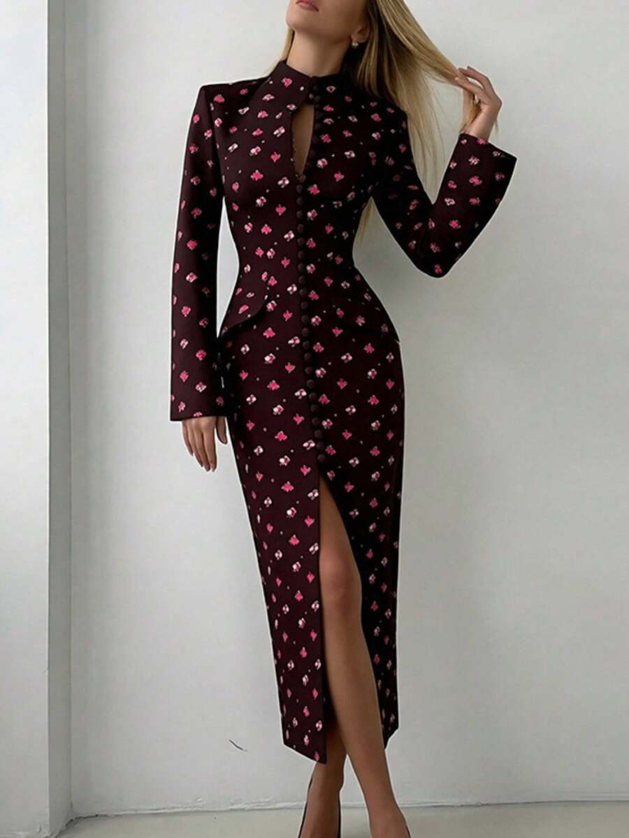 Vestido midi lunares primavera 2026, con botones, abertura y corte ajustado - Morado - Ver 1