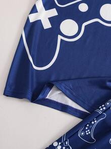 Conjunto de pijama de 2 piezas para niños de verano, azul oscuro minimalista con estampado de mando de juego/letra en blanco, manga corta + pantalones cortos, tela suave, ropa de estar en casa con tema de consola de juegos - Azul Marino - Ver 6