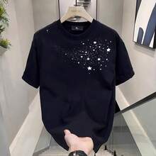 Camiseta de manga corta para hombre, de algodón puro, nueva colección de verano, de peso pesado, con estampado de estrellas, corte holgado, moderna, elegante, de alta calidad y versátil. MEXH - 250 g de algodón puro - blanco - Ver 2
