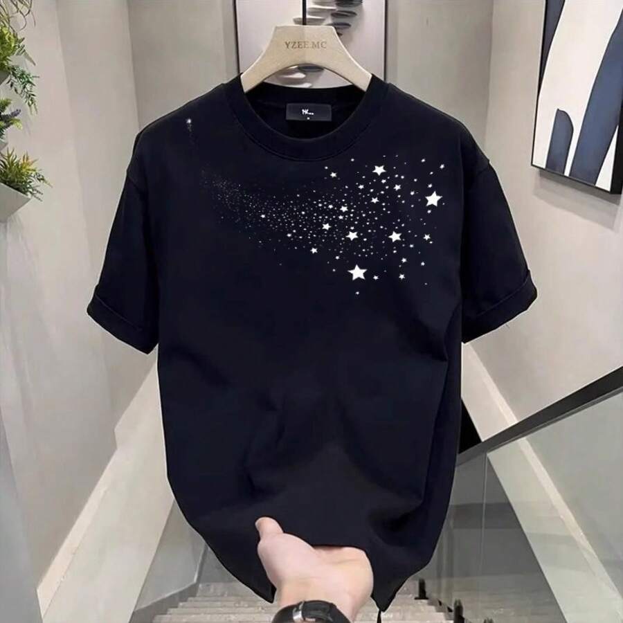 Men's Short-Sleeved T-Shirt, Pure Cotton, New Summer Collection, Heavyweight, With Star Print, Relaxed Fit, Modern, Stylish, High-Quality And Versatile. MEXH - 純棉200克-黑色 - 查看 1