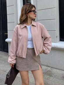 Chaqueta con bolsillo con cremallera de lunares rosas para mujer - Abrigo casual suelto con solapa para primavera/otoño - Rosa - Ver 2