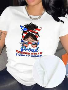 Playera de Mujer con Estampado de Chica Latina "Proud Puerto Rican" Bandera y Gafas Estilo Urbano Casual Suave Cómoda - Blanco - Ver 2
