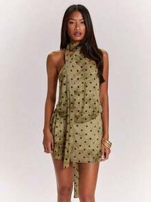 Vestido mini halter casual y sexy con estampado floral tie-dye marrón, estilo corto plisado adecuado para vacaciones y fiestas de primavera/verano - Verde Oliva - Ver 4