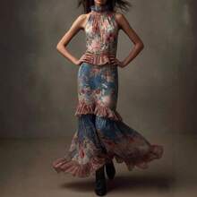 Vestido de mujer largo de moda para verano con estampado vintage y diseño de pastel sexy de talle alto elegante y cómodo - Azul - Ver 5