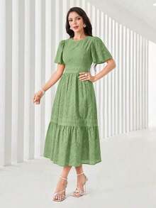Vestido midi de mujer con cuello redondo, mangas con volantes, bordado y dobladillo con volantes - verde menta - Ver 4